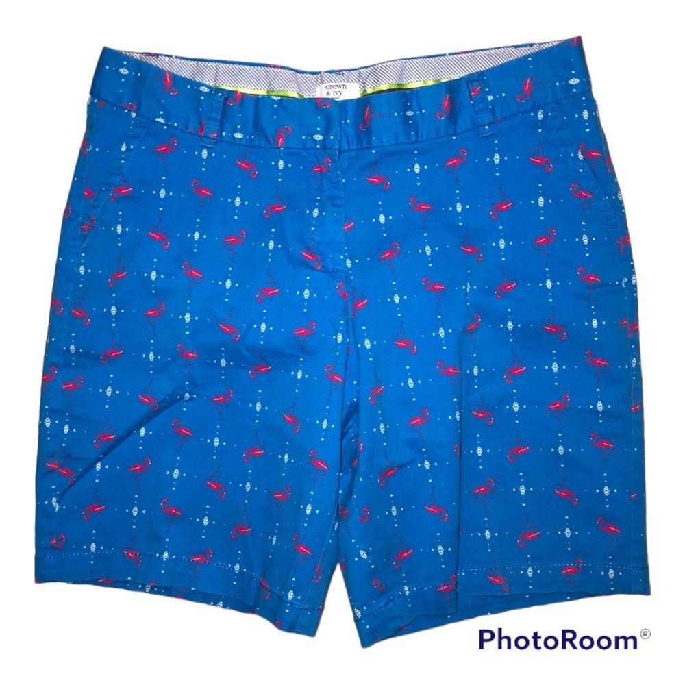 CROWN & IVY Size 12P Flamingo Long Bermuda Shorts Petite Pink Blue